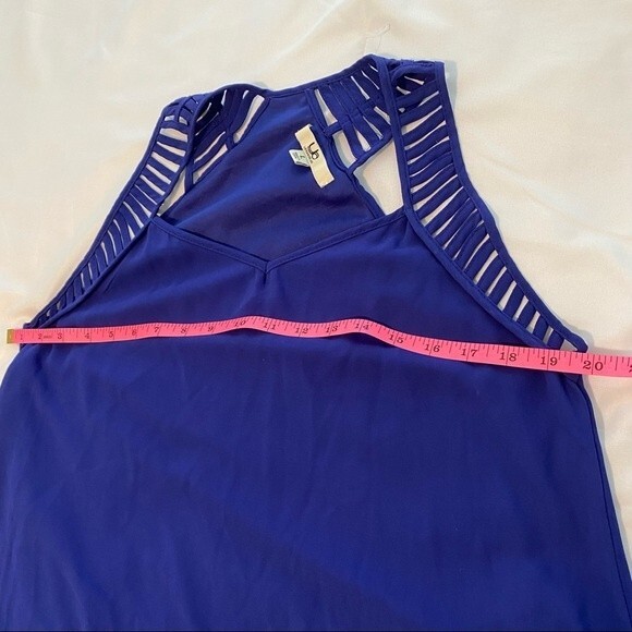UA LA Cut Out Lattice Detail Dress Sleeveless Sexy Blue Purple Silk Midi SZ L - Picture 10 of 10